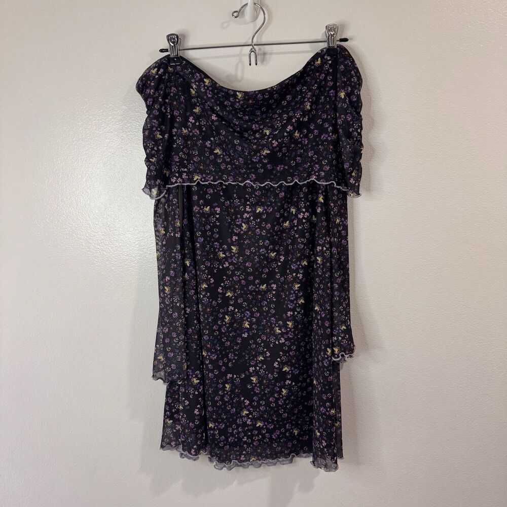 Tinsel Town Shirt Dress L Mesh Floral Off Shoulder Lettuce Edge Black Purple Y2K